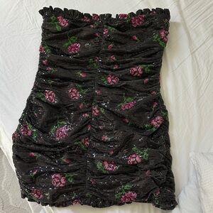 Sparkling Floral Black Strapless Dress